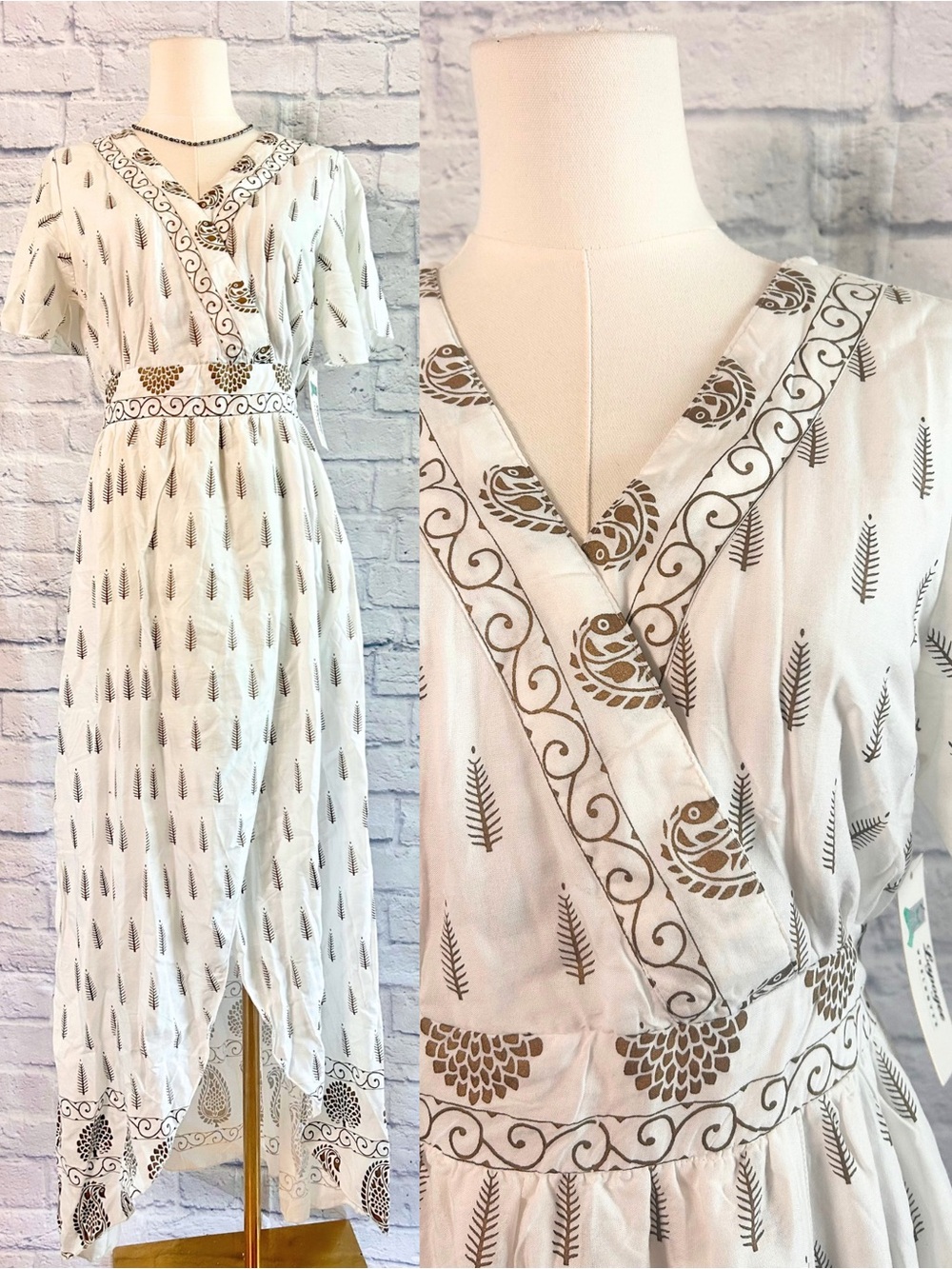 Y2K Maxi Dress 100% Rayon NWT Boho White Gold Feather Print Tulip Hem Fairy